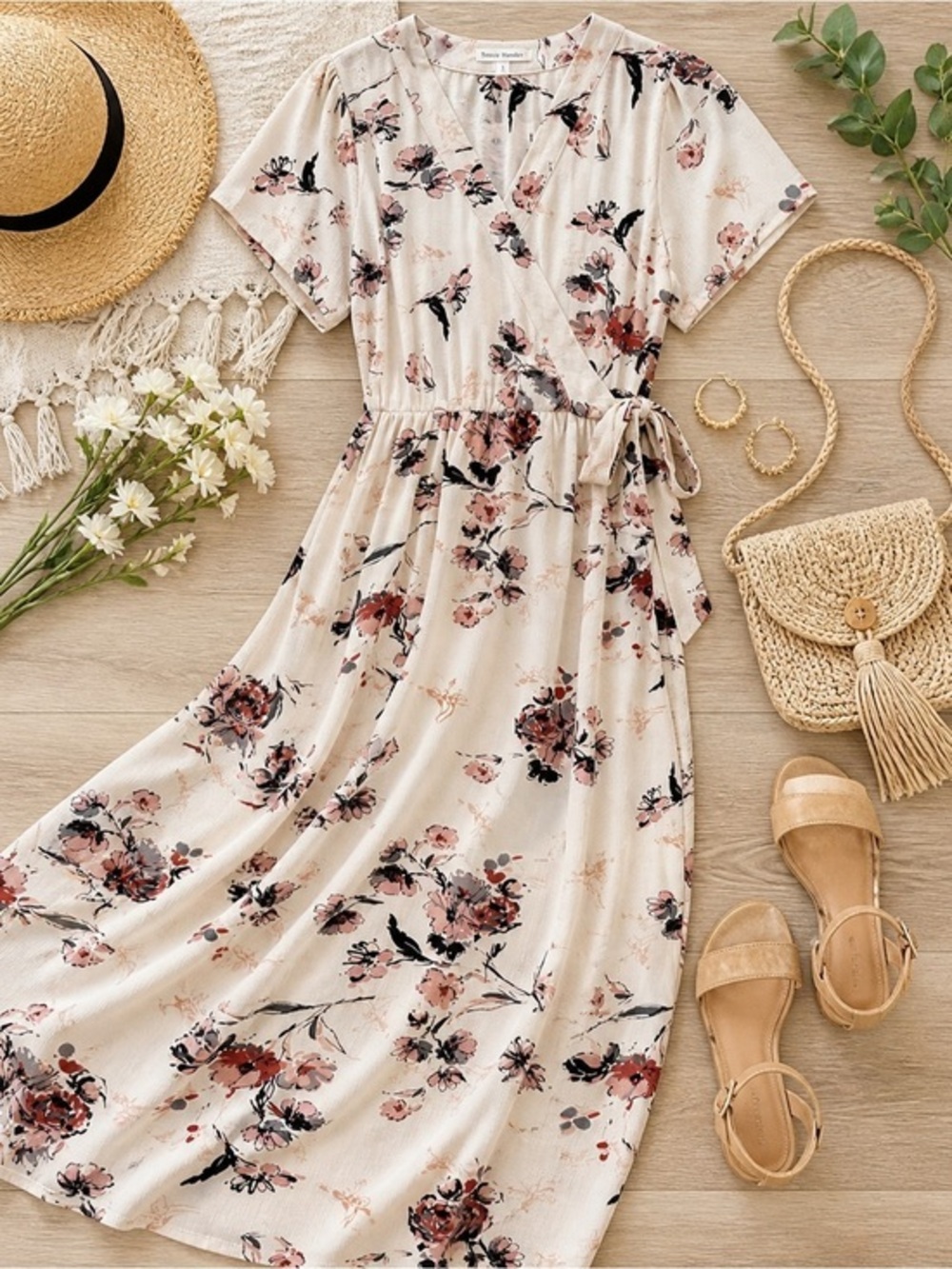 Stevie Hender Floral Wrap Maxi Dress Cream Pink Tie Waist Sm Cottagecore flowy